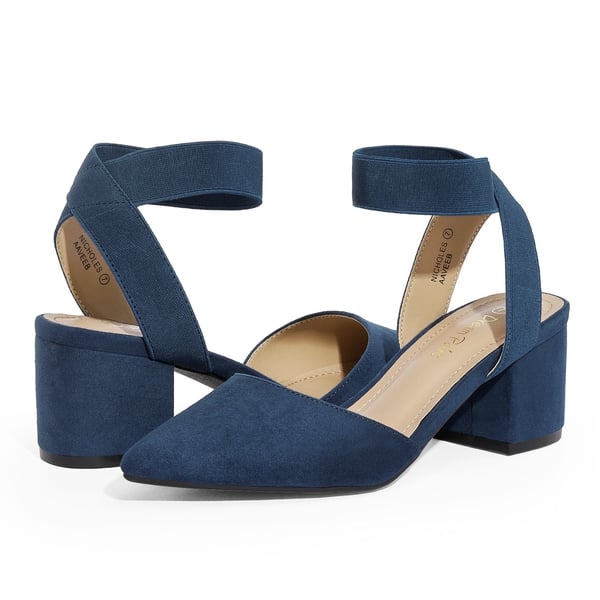 Pointed Toe Pumps with Ankle Strap - NAVY SUEDE - 3